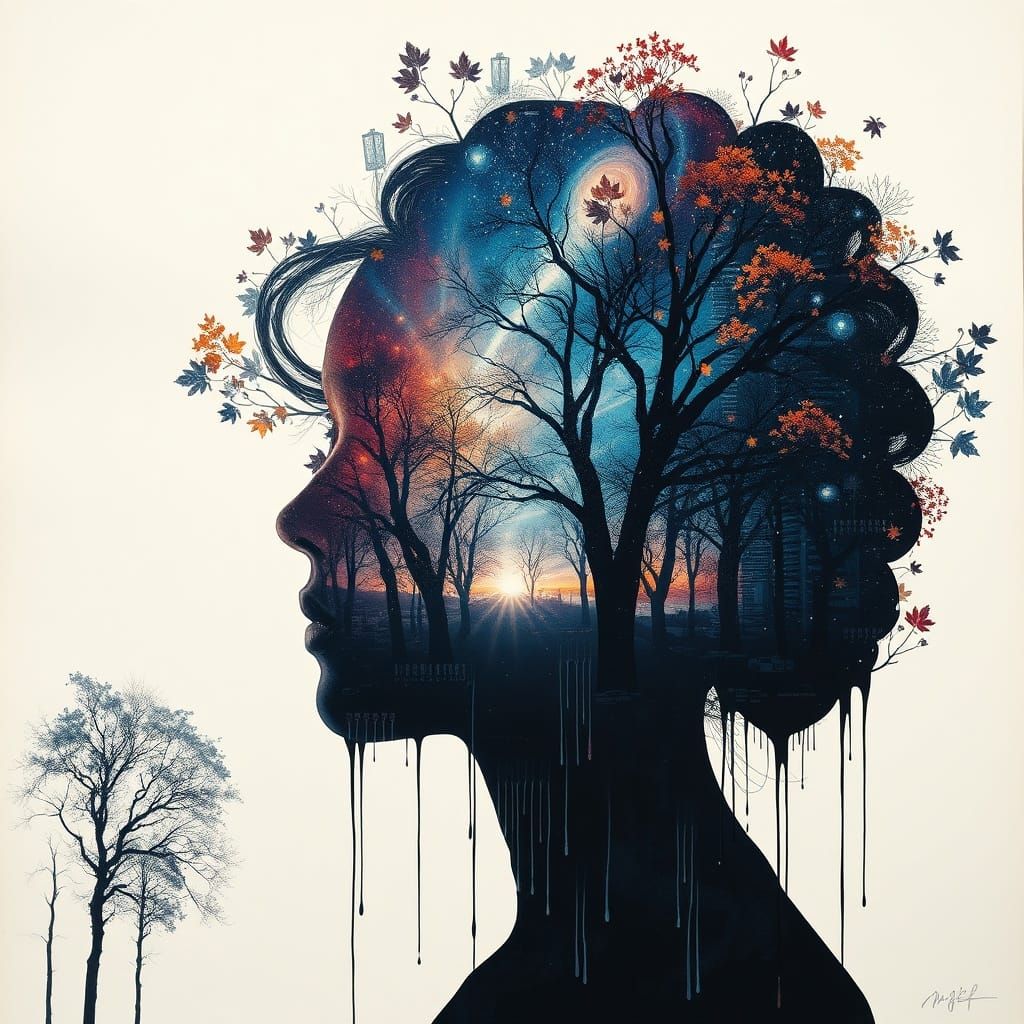 Galaxy Drips into Autumn Cityscape Silhouette