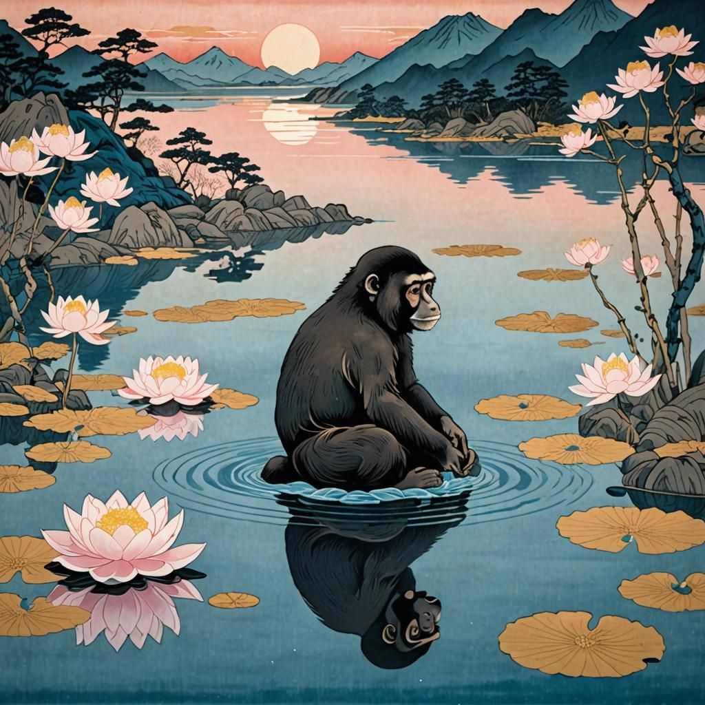 Meditating Gibbon in Ukiyo-e Style Lake