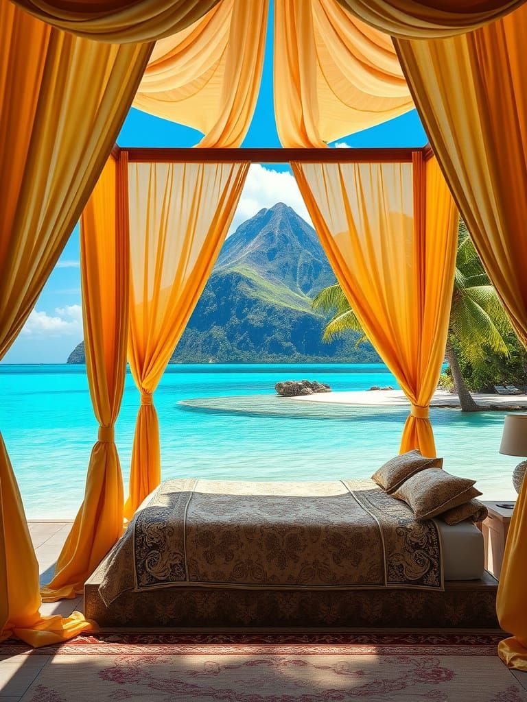 Tropical Paradise with Golden Curtains, 8K