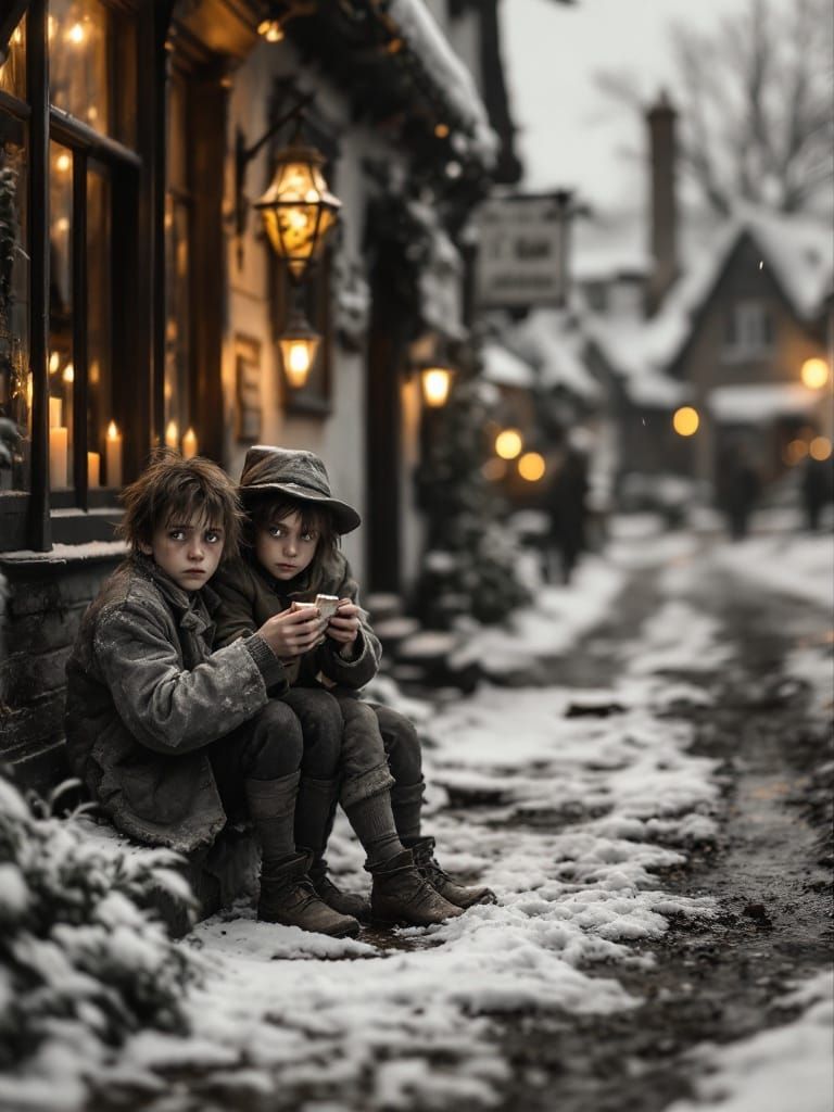 Victorian Urchin Boys Selling Matches in Snowy Village