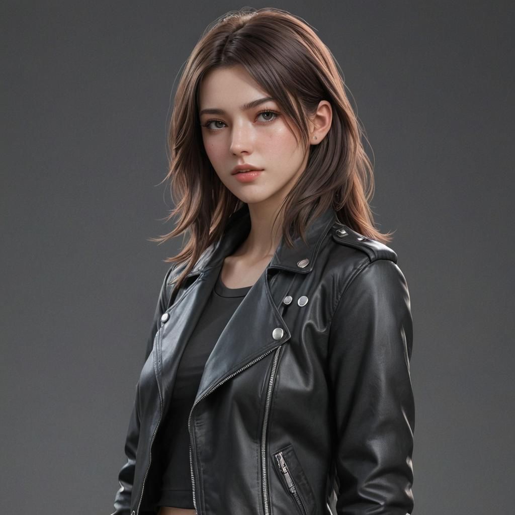 Anime Girl in Leather Jacket, 3D Rendered Art