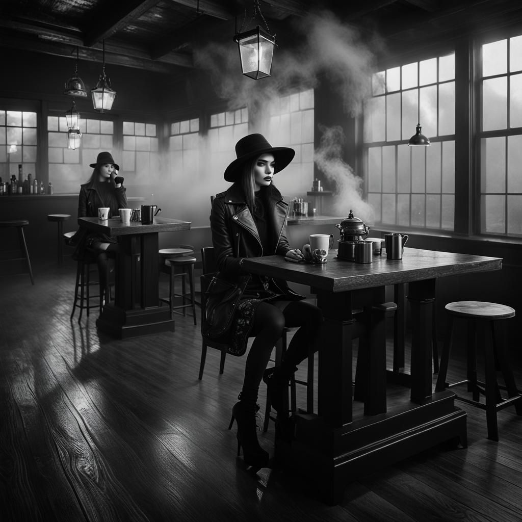 Gothic Model in Coffee Shop: Black and White Photography