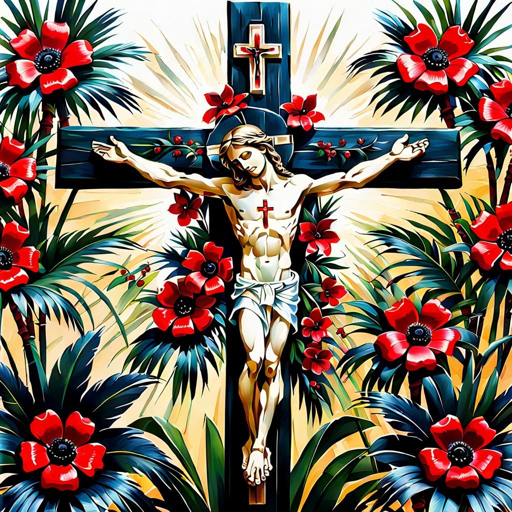 Palm Crucifix with Red and Black Flowers