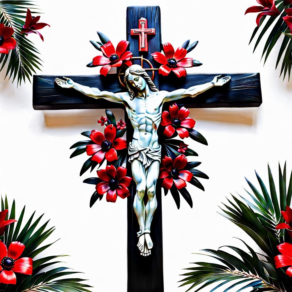 Palm Crucifix with Red and Black Flowers