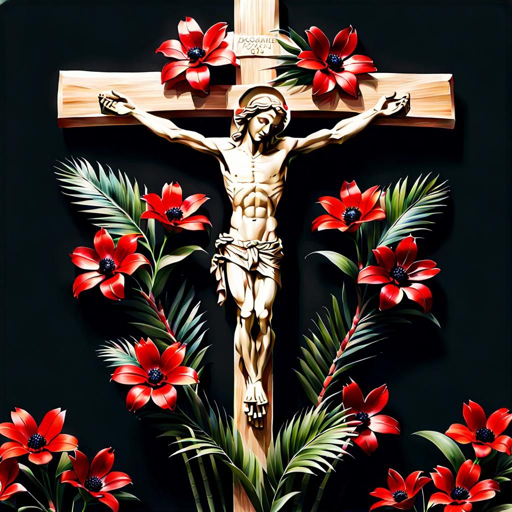 Palm Crucifix with Red and Black Flowers