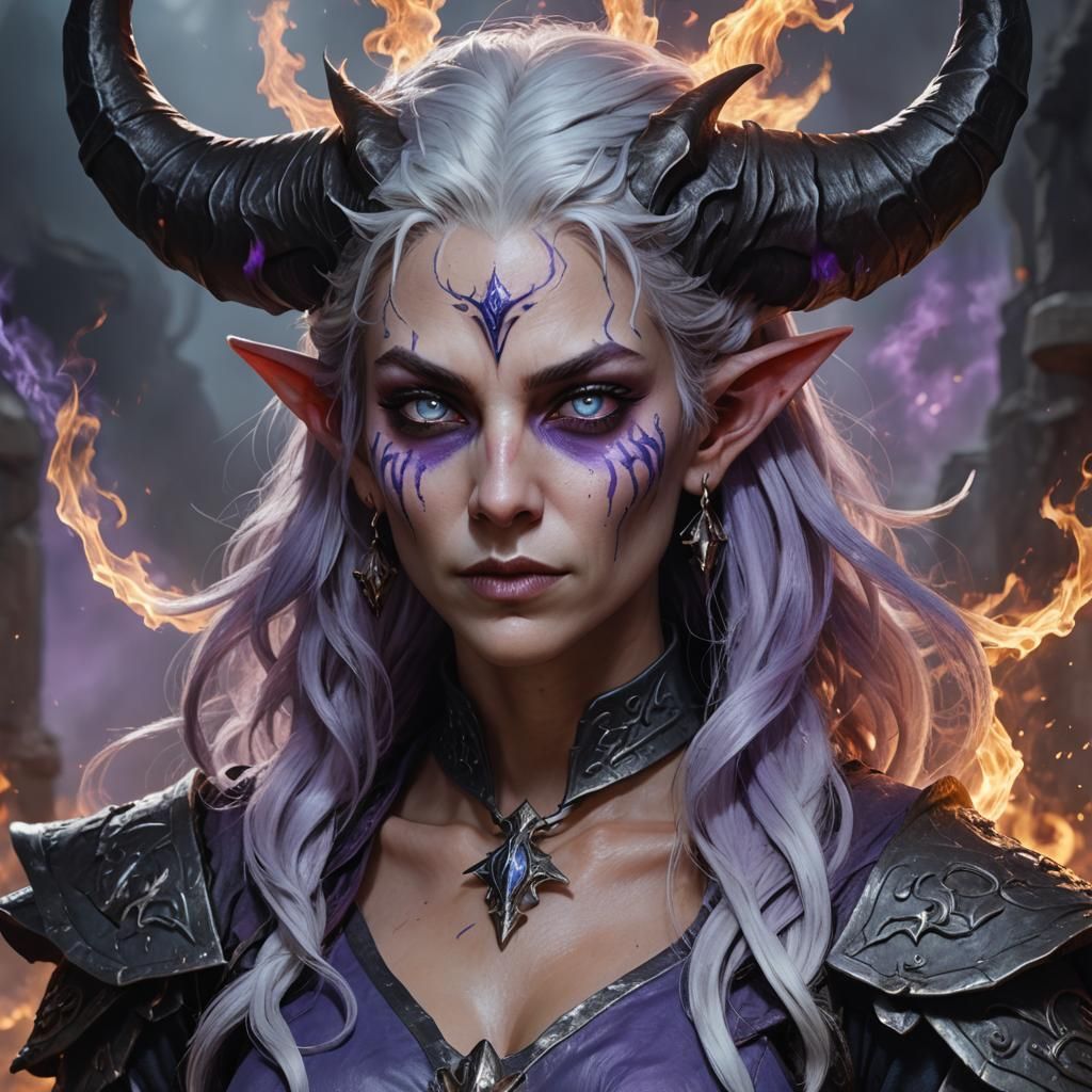Tiefling Warlock Portrait in Detailed Fantasy Art