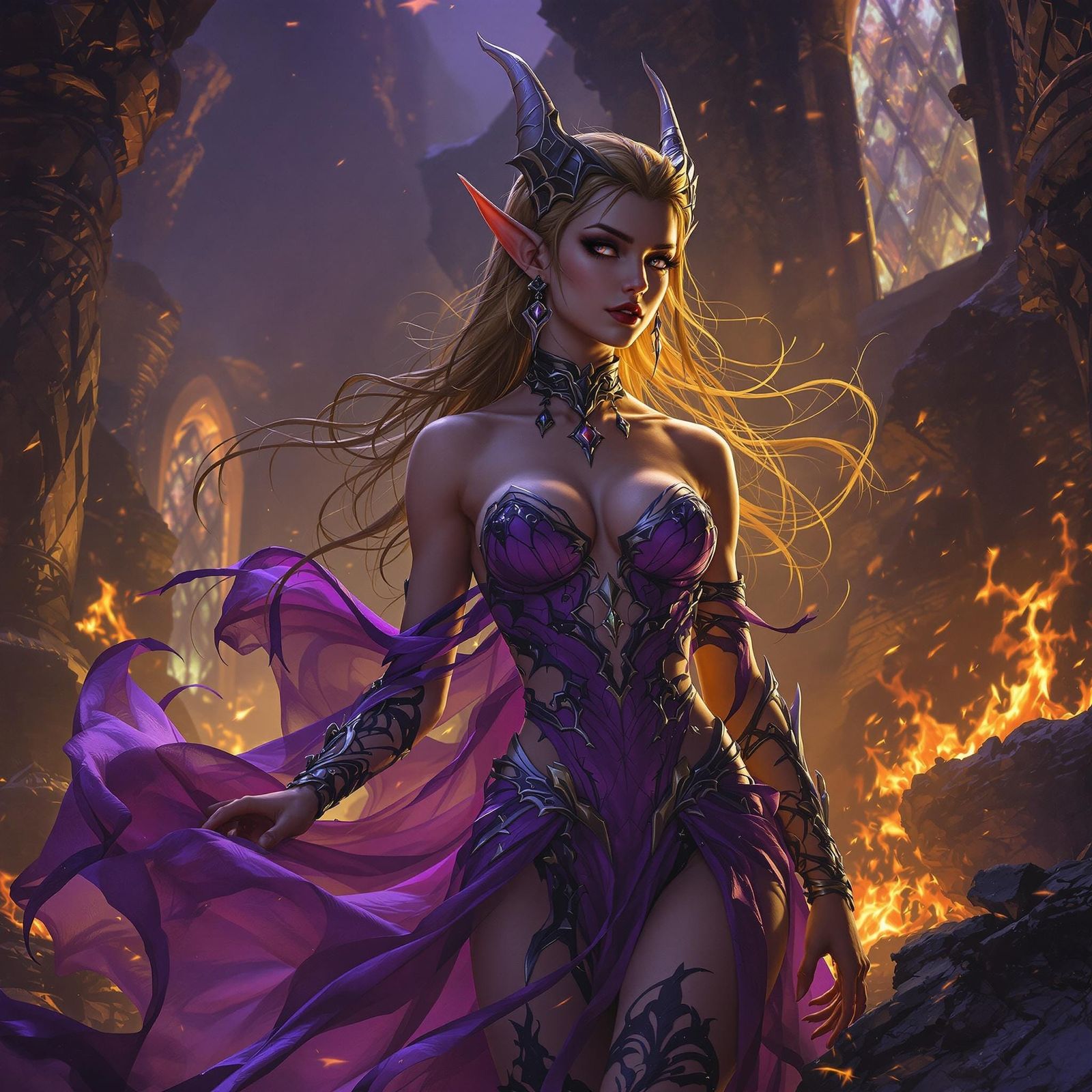 Muscular Elf Girl in Dark Fantasy Gown