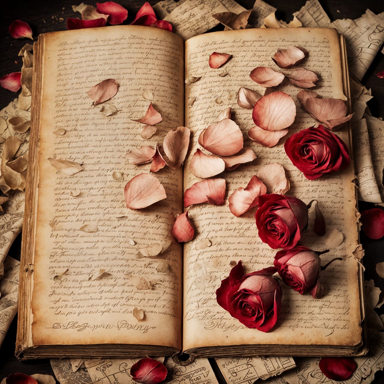 Vintage Novel with Rose Petals in Victorian Style