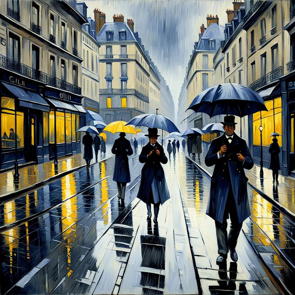 Rainy Cityscape in Impressionist Style