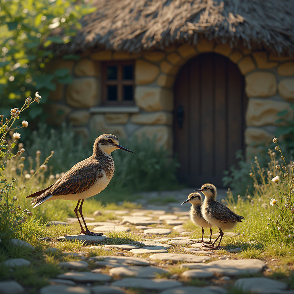 Plover Protecting Chicks near Rustic Stone Cottage