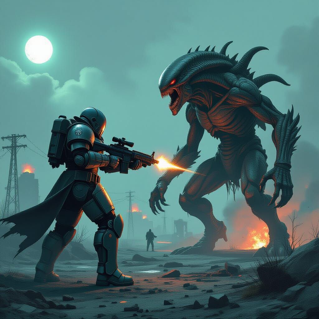 Survivor in Power Armor Battles Alien Reptile