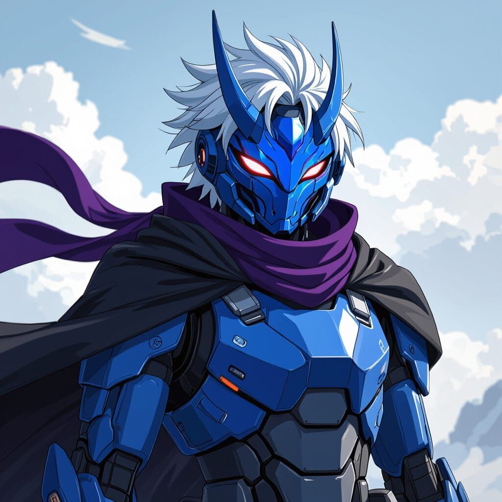 Blue Armored Mecha Pilot with Oni Mask
