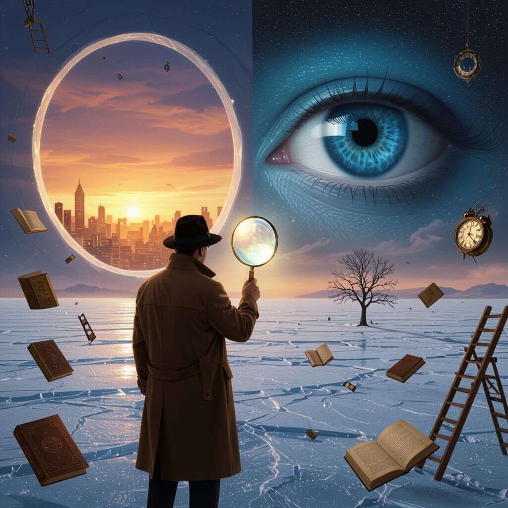 Surreal Man on Icy Plain with Dual Sky Portal