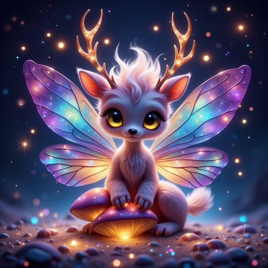 Fantasy Creature with Butterfly Wings and Deer Antlers in Dr...