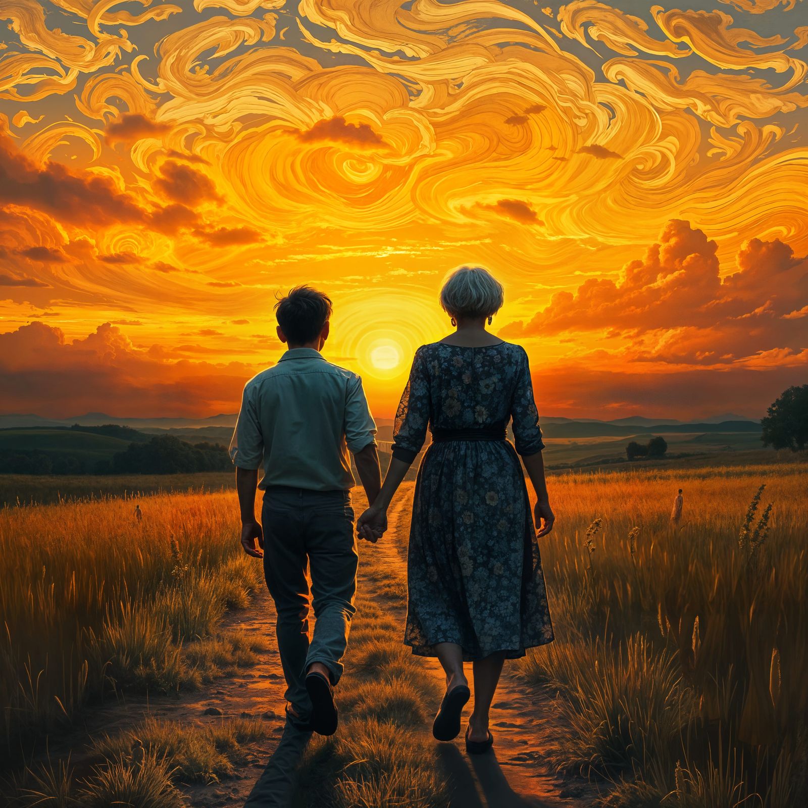 Touching Sunset Walk in Van Gogh Style