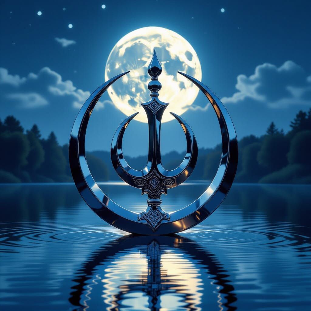 Shiny Stainless Steel Khanda Reflects on Moonlit Lake