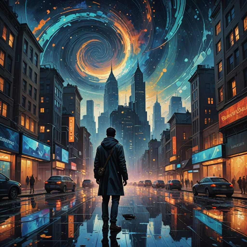 Double exposure photography. A lone figure stands silhouette...