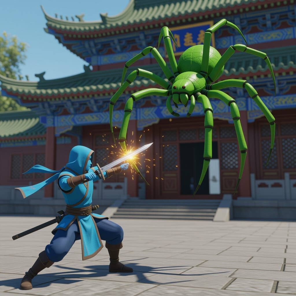 Blue Avatar Battles Giant Green Spider in China
