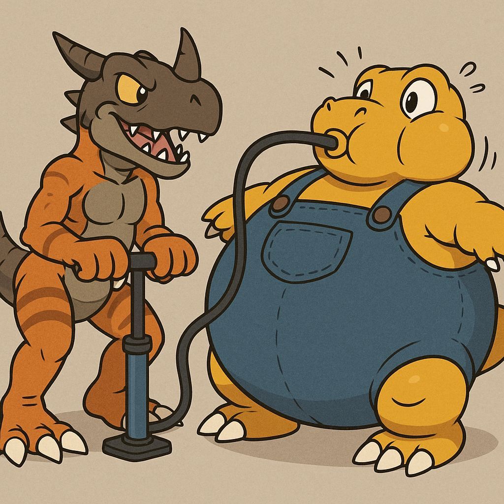 Greymon Inflating Agumon with Bike Pump