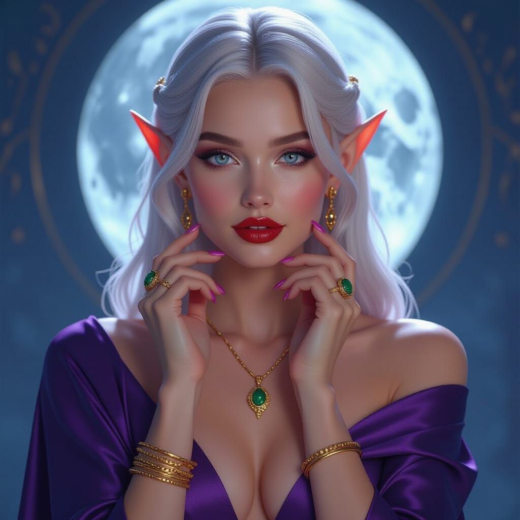 Ethereal Elven Woman in Violet Silk Dress