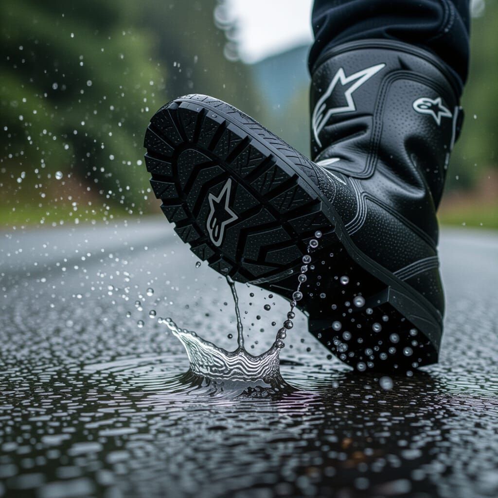 Motorcycle Boot Sole Macro Shot on Wet Asphalt