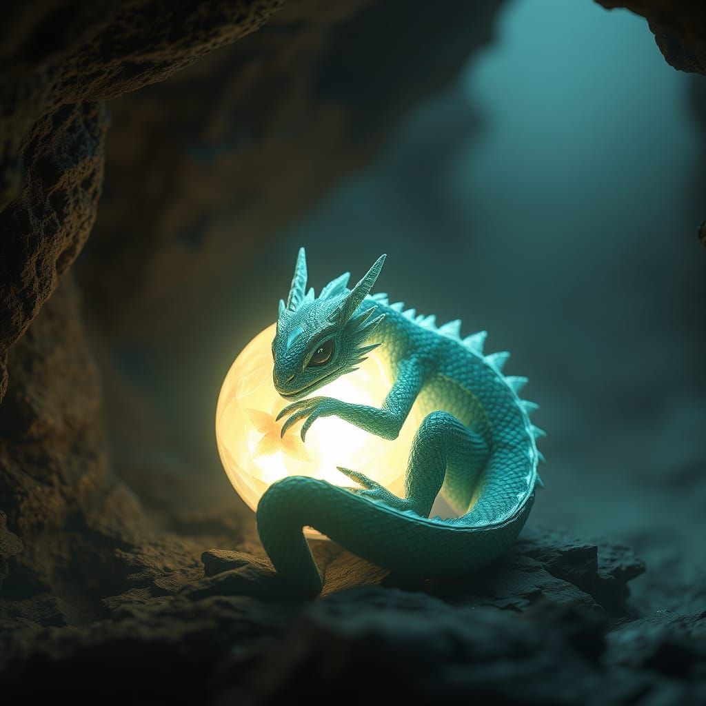 Bioluminescent Dragon Hatchling in Ethereal Cavern