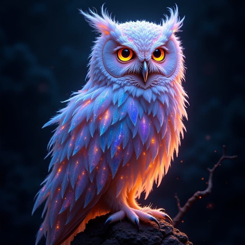 Iridescent Crystal Owl in Mystical Dark Setting