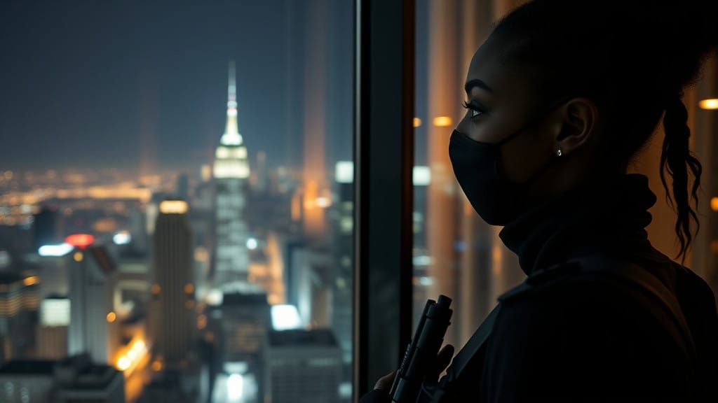 Mysterious Figure in Tactical Gear Looks Out Over Cityscape...
