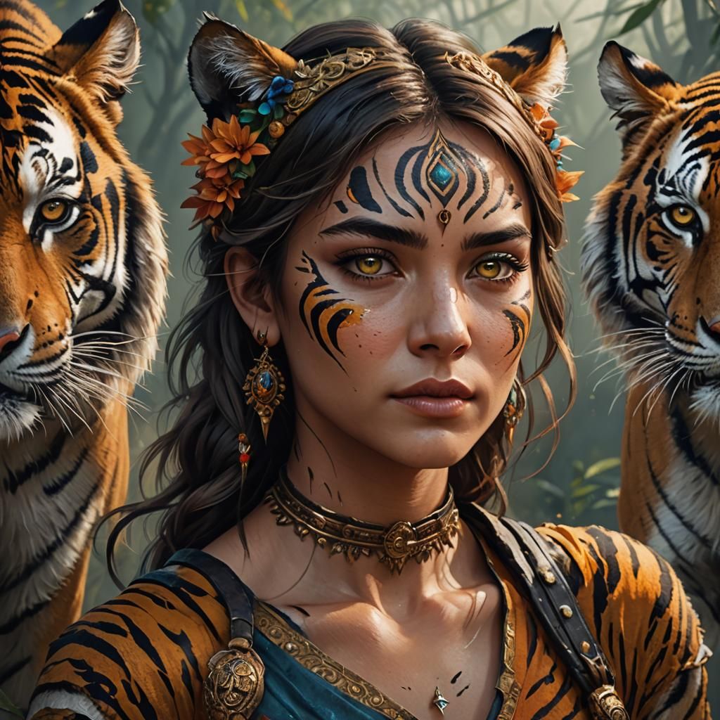 Woman with Tiger Shoulder Portrait in Fantasy Art