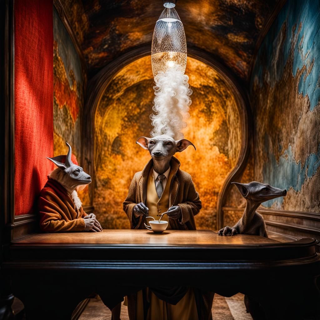 Surreal Alien Celebration in Dreamy Restaurant