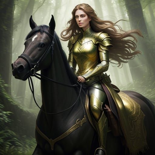 Beautiful Woman Riding Horse in Ethereal Forest