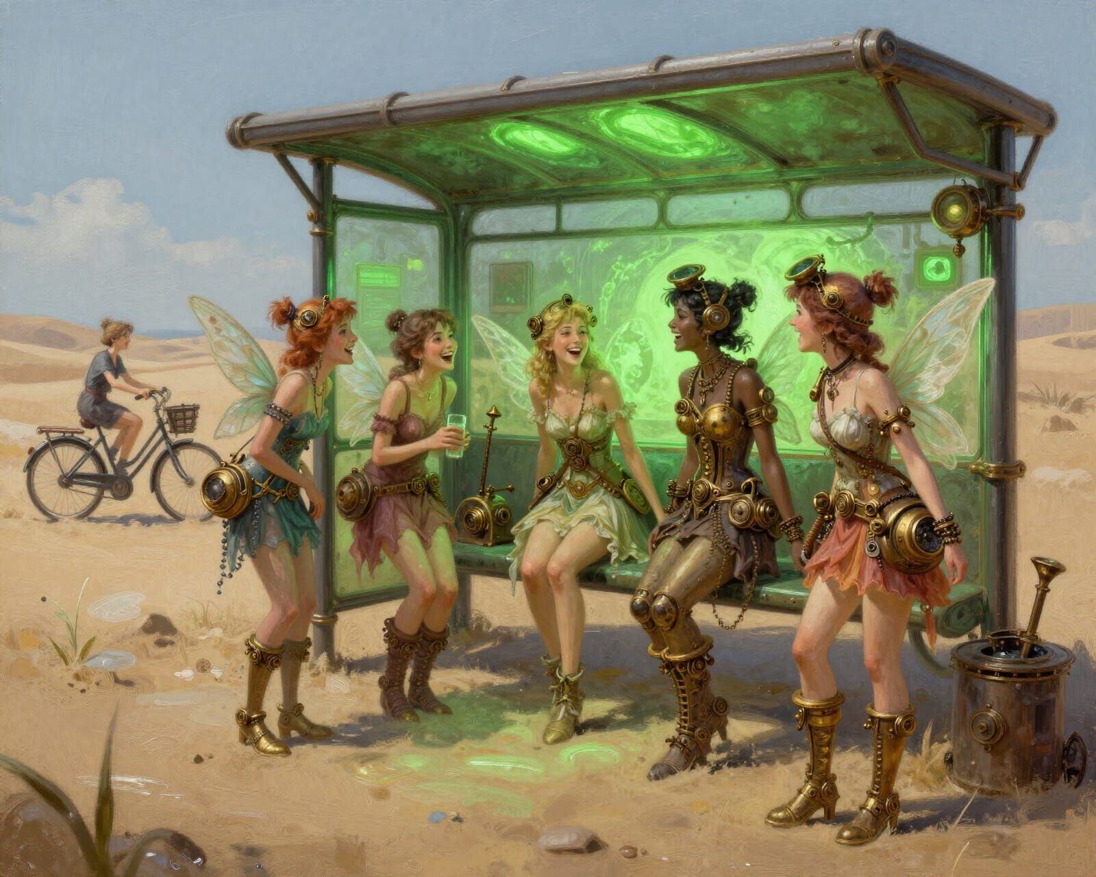 Steampunk Fairies at Luminescent Bus Stop, Oil Painting