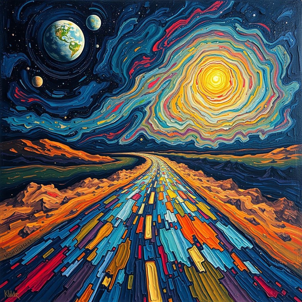 Cosmic Road to Horizon: Oil Painting of Planet Path