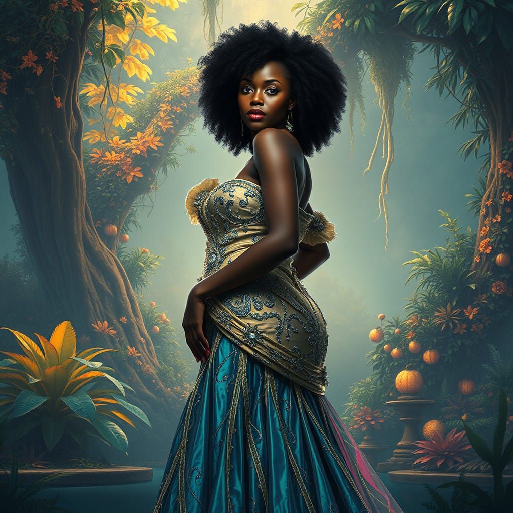 African Goddess Radiates Confidence in Dreamlike Landscape