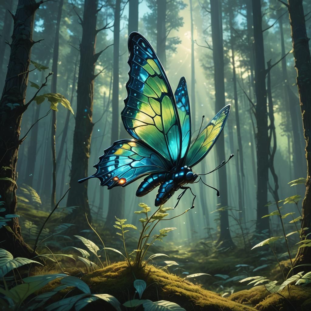 Iridescent Glass Butterfly in Glowing Forest