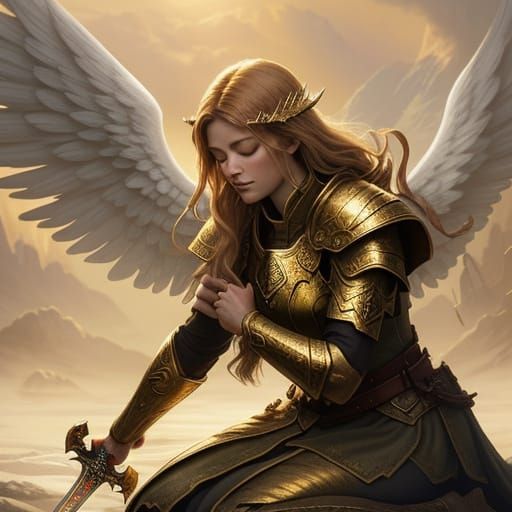 Angel Kneeling with Glowing Sword in Fantasy Style