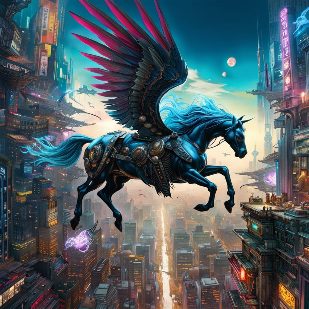 Cyborg pegi flying over city cyberpunk