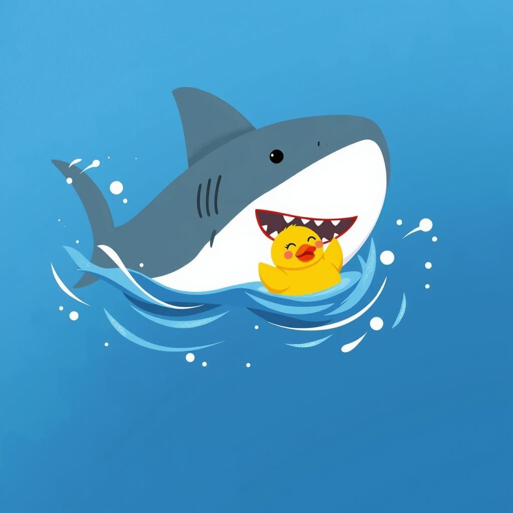 Giant Shark and Rubber Duck Friends in Whimsical Ocean Art