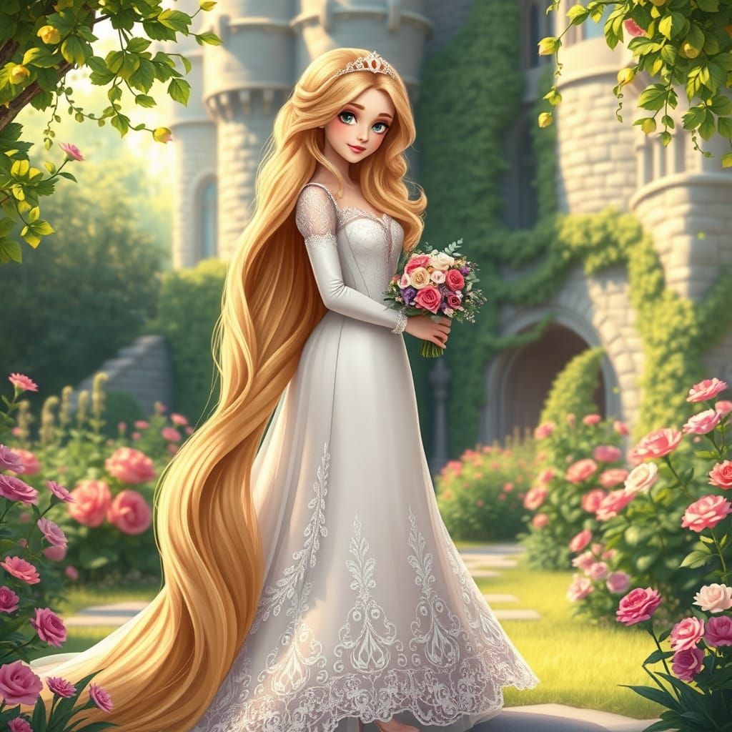 Rapunzel in Whimsical Wedding Gown as a Bride in Castle Gard...