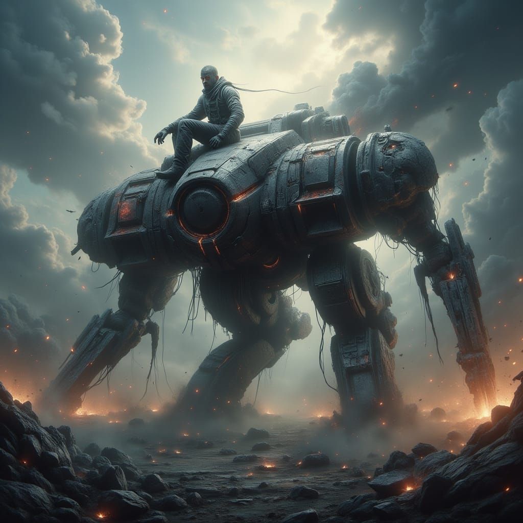 Mech Pilot Rests on Damaged Mech in War-Torn Battlefield