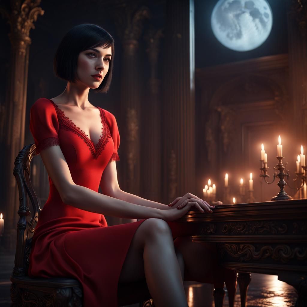 Young Woman in Red Dress at Night