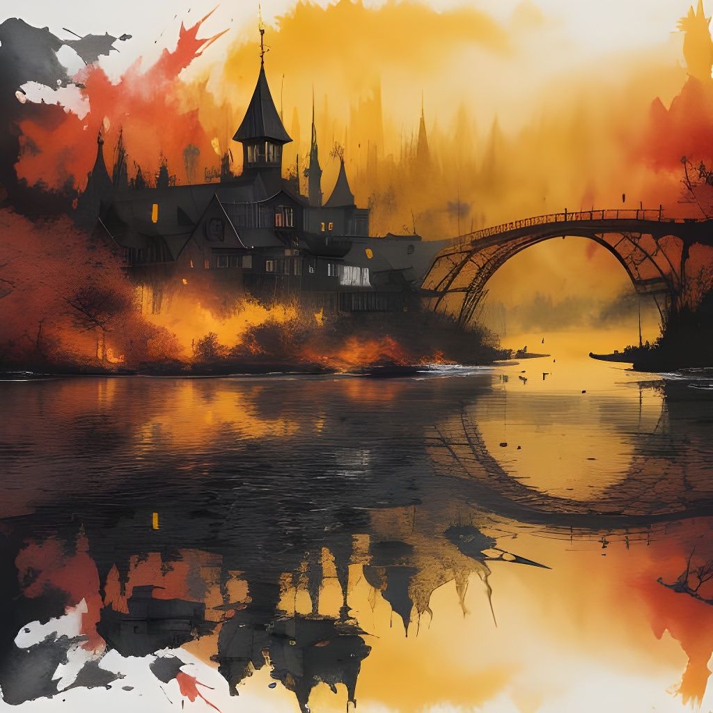 Fantastical Lakeside Village in Liquid Watercolor Style