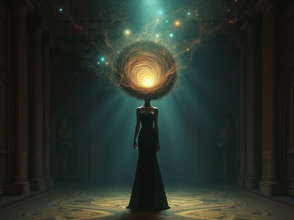 Surreal Cosmic Vortex Woman in Dreamlike Ballroom