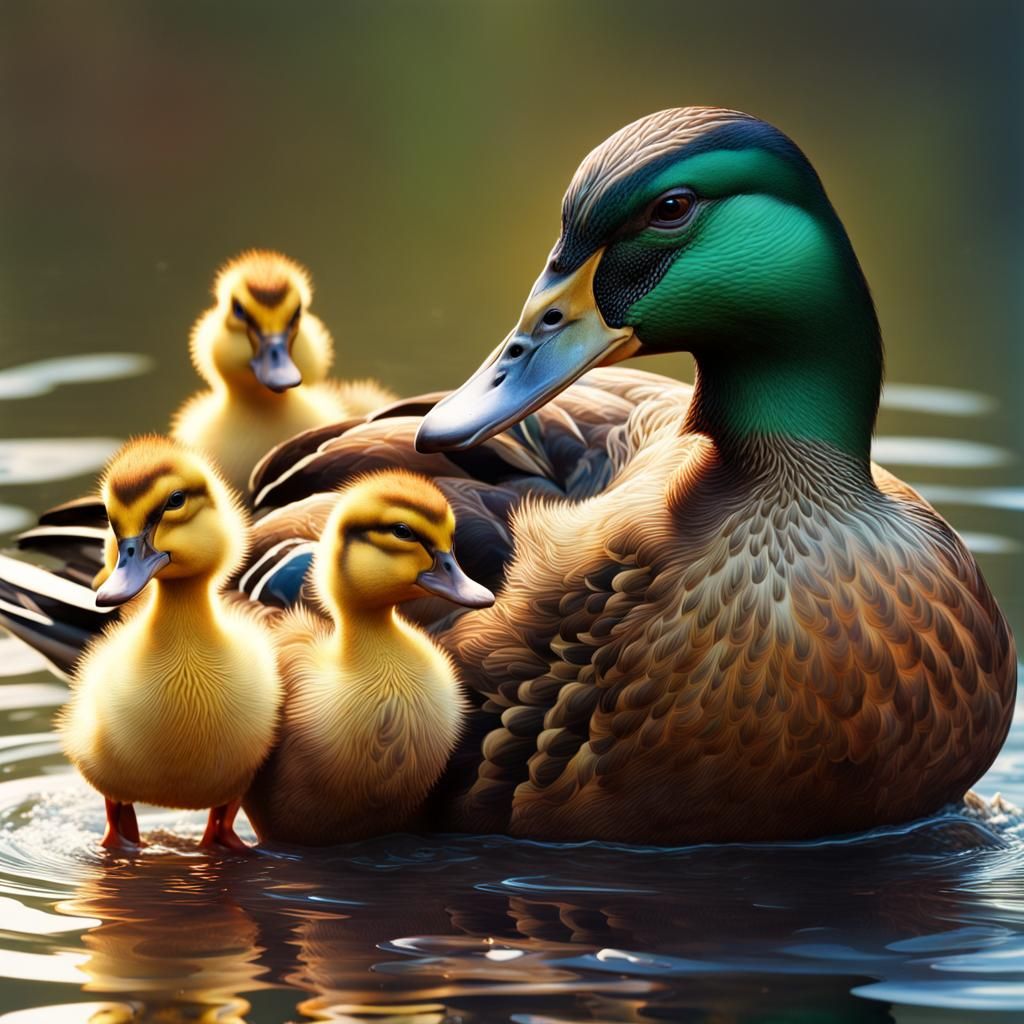 Duck and Ducklings Near Pond: Hyperrealistic Splash Art