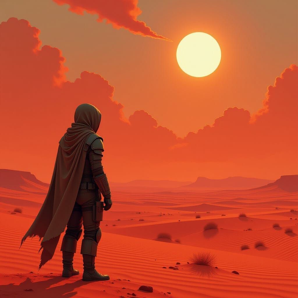 Dystopian Desert Wanderer Under Burning Sky