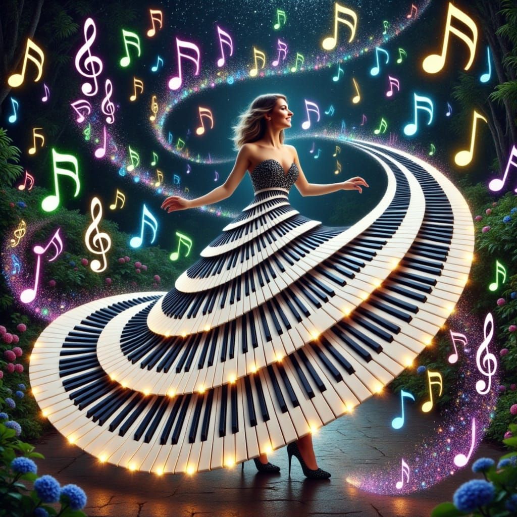 Ethereal Lady Dances in a Kaleidoscope of Piano Key Gown