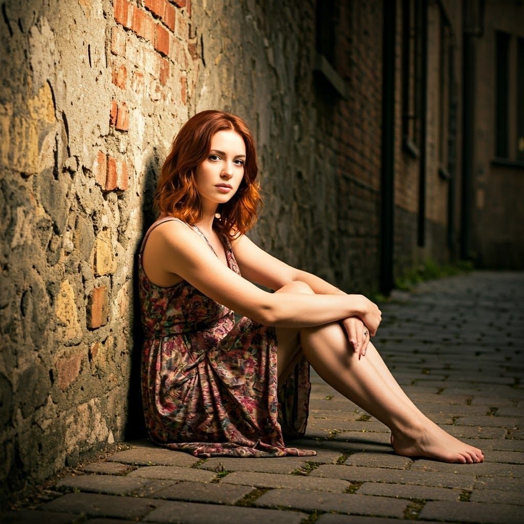 Auburn Haired Woman in Dimly Lit Alleyway