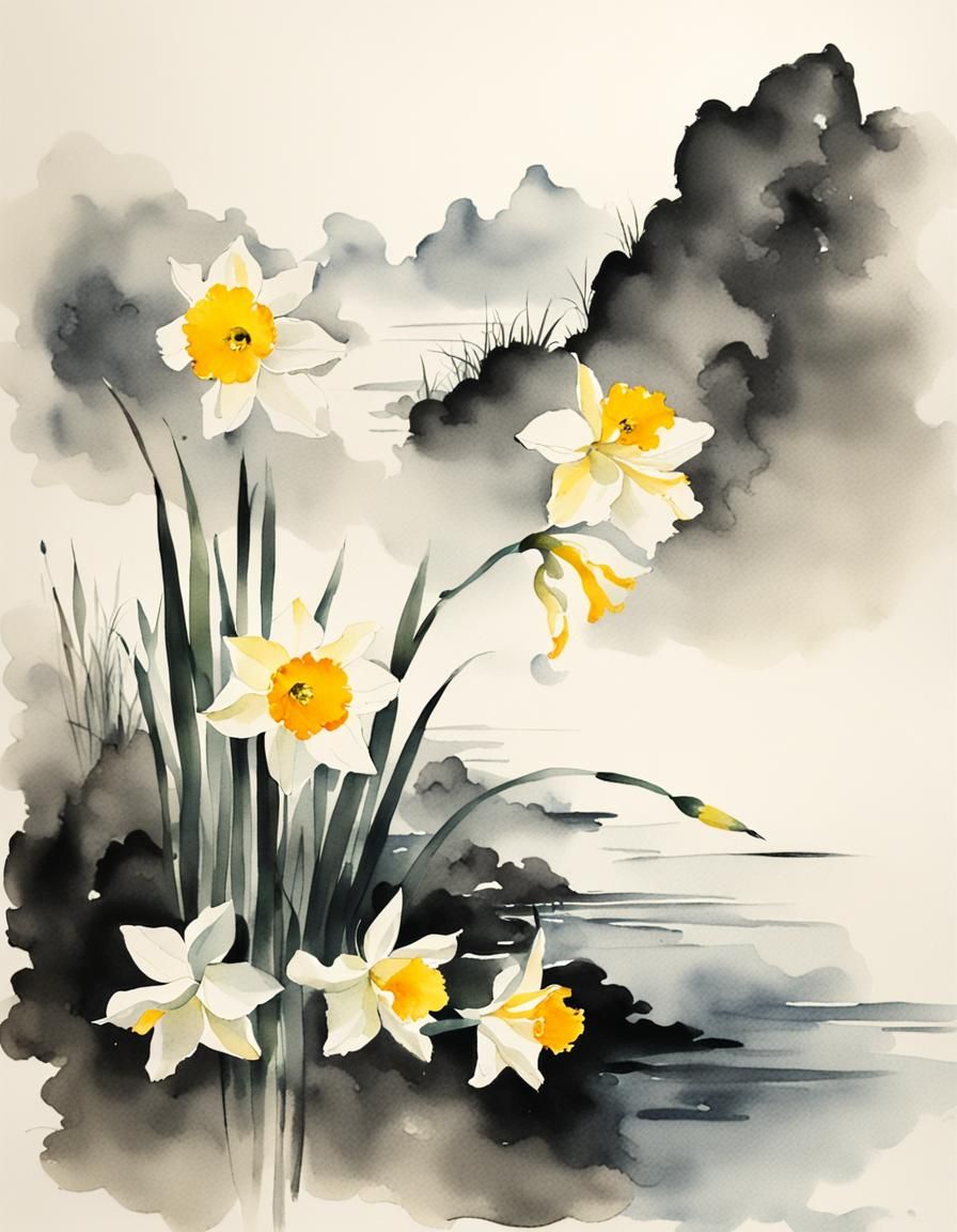 Narcissus in Mist: Chinese Watercolor Style