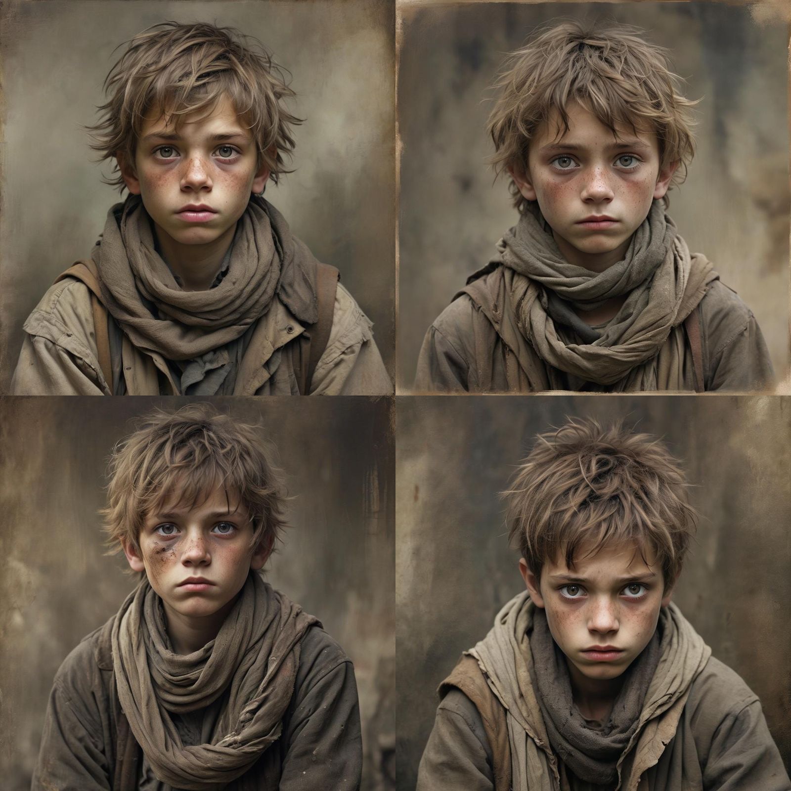 Homeless Boy's Vulnerable Expression in Impasto Style