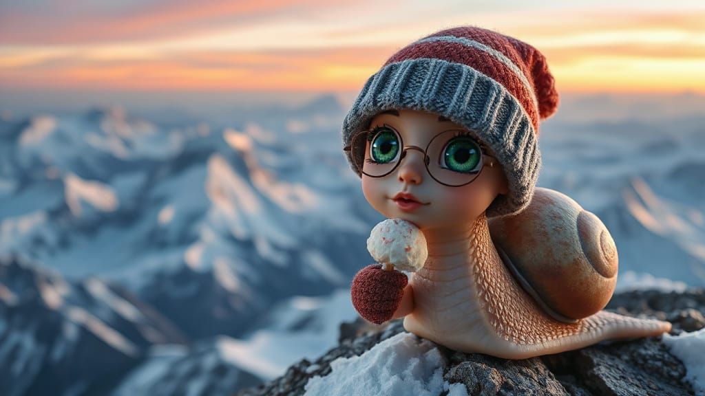 Anime Snail on Everest: Hyperrealistic Macro Shot